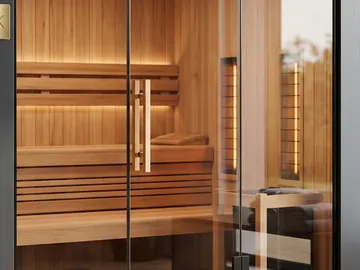 Detail: the cedar interior, the bench and the glass front