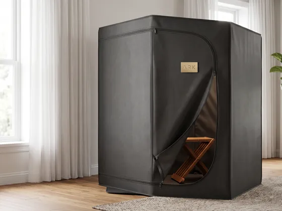 ARK Sauna Tent, a black folding one-person infrared tent with a folding chair inside, in a living room